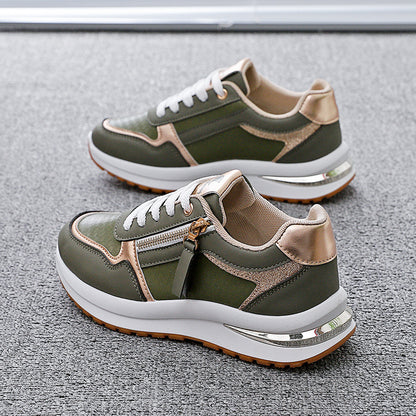 Women Colorblocked Round Toe PU Leather Flat Platform Casual Sneakers