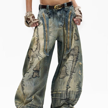 Loose Fit Distressed Embroidered Denim Pants