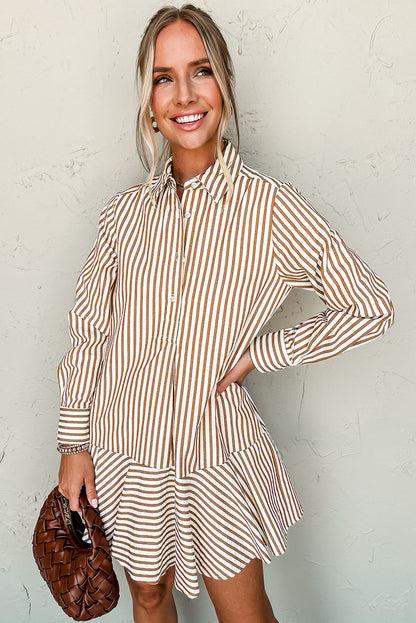 Bruin gestreepte blouse-jurk met ruches aan de zoom kraag en lange mouwen