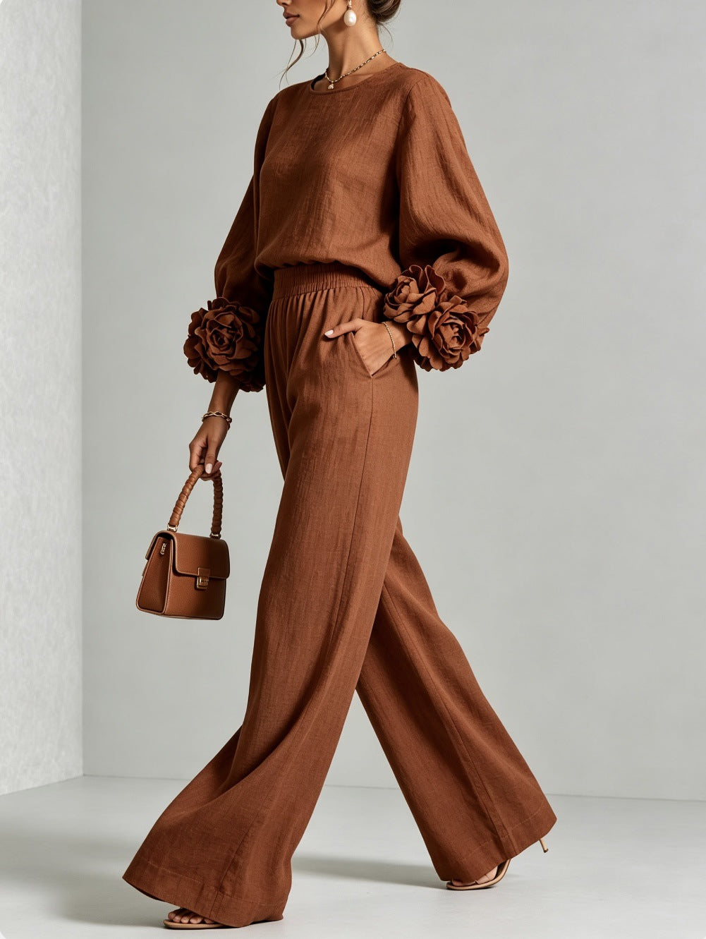 Women's Two-Piece Set Lantern Sleeve Top and Wide-Leg Pants Casual Loose Suit