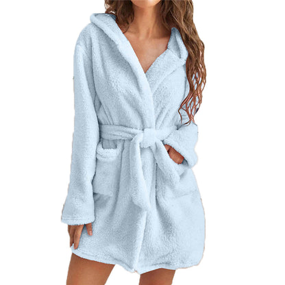 Womens Plush Hooded Bathrobe Warm Homewear