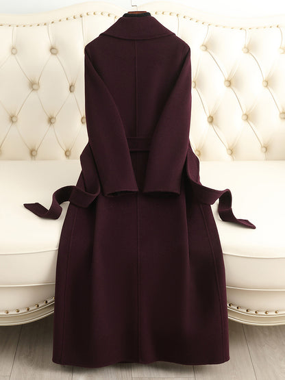 Women's Double-Sided 100% Wool Long Over-The-Knee Coat with Suit Collar