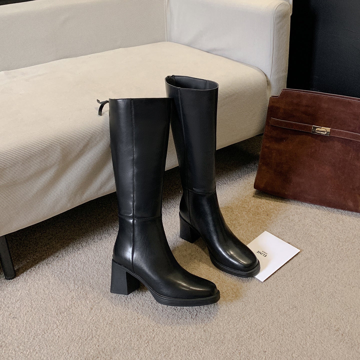Cowhide Leather Women's Riding Boots Thick Sole High Boots