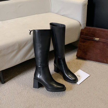 Cowhide Leather Women's Riding Boots Thick Sole High Boots
