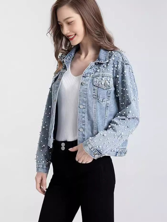 Women's Pearl Rhinestone Cropped Denim Jacket Long Sleeve Slim Fit