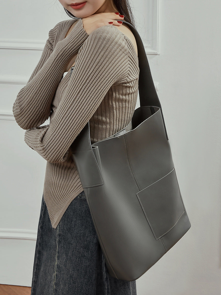 First-Layer Cowhide Large Capacity Bucket Bag Tote Shoulder Handbag