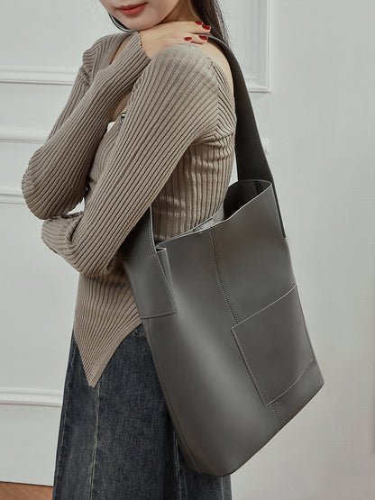 First-Layer Cowhide Large Capacity Bucket Bag Tote Shoulder Handbag
