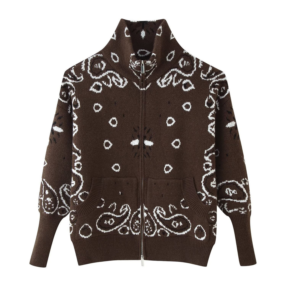 Loose Tricolor Zipper Long Sleeve Cardigan Sweater Jacket