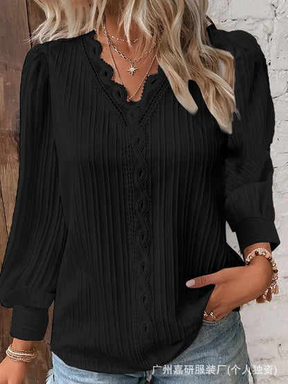 2025 Cross-Border Hot Selling Amazon Autum Long-Sleeved V Neck Lace Splicing Shirt Women's Shirt Women's Clothing Ready Supply