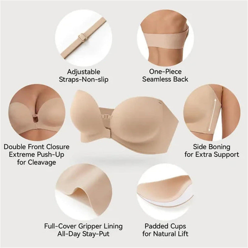 Strapless front-closure bra