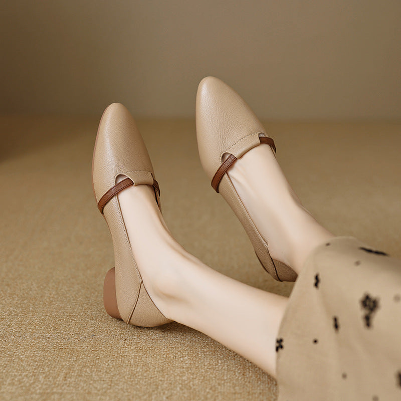 Women Soft Leather Pointed Toe Low Heel Mary Jane Shoes