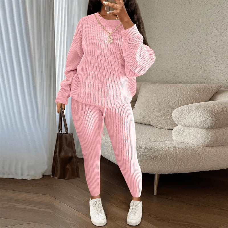 Womens Casual Knitwear Suit Long Sleeve Two Piece Pants Set