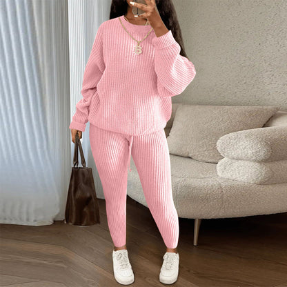 Womens Casual Knitwear Suit Long Sleeve Two Piece Pants Set