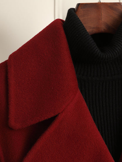 Women's Double-Sided 100% Wool Long Over-The-Knee Coat with Suit Collar