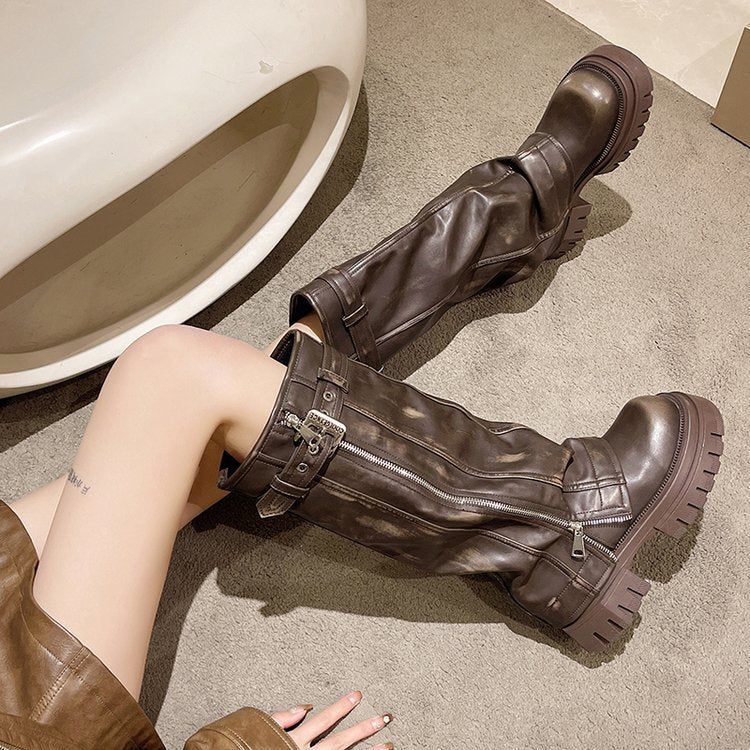 Women's Knee High Retro Cowboy Boots Chunky Heel Square Toe