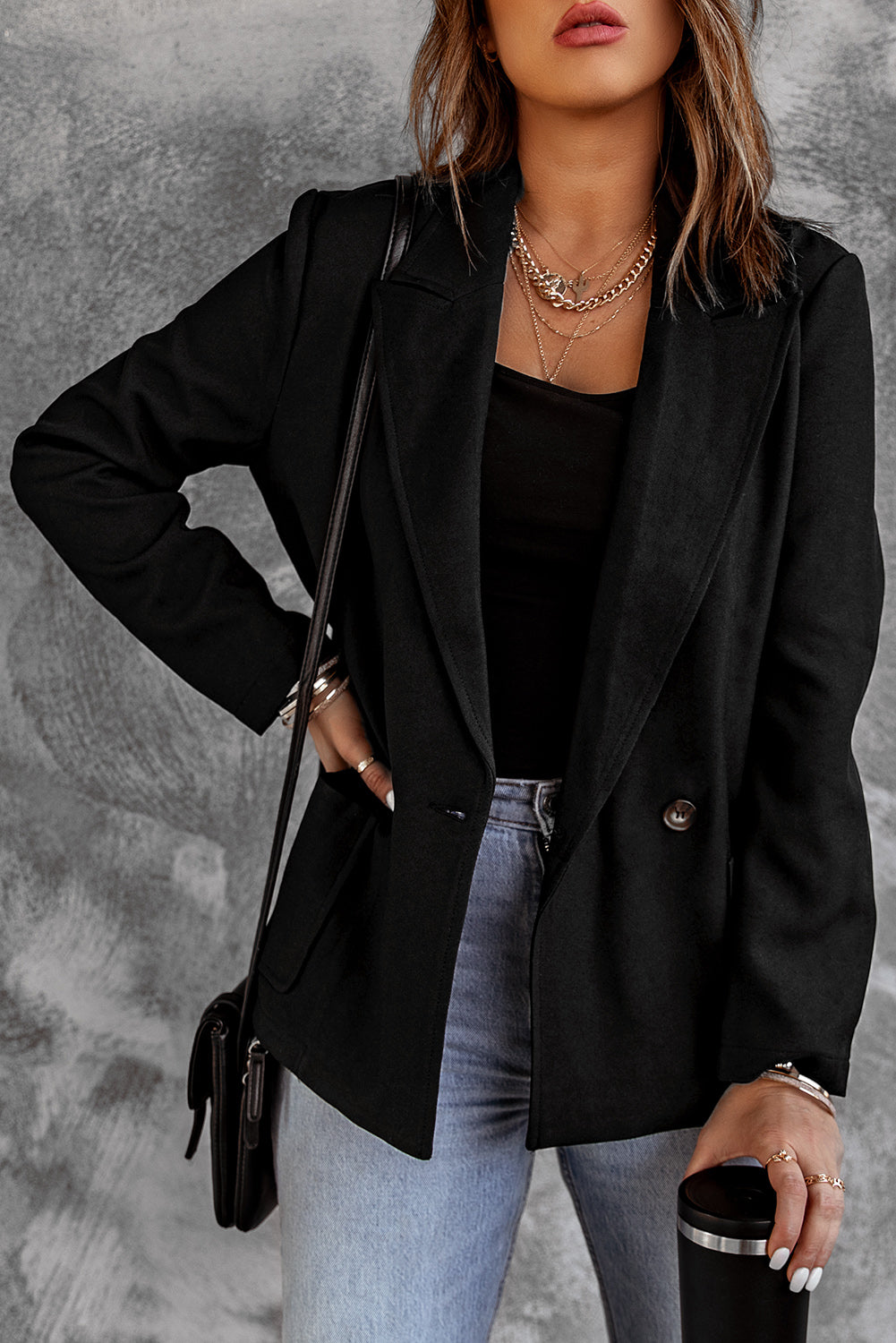 Apricot Buttoned Lapel Collar Blazer with Pocket