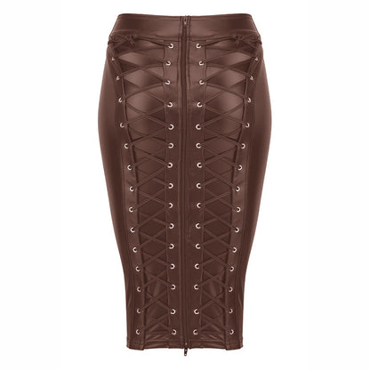 Noir Handmade Hoge taille PU-lakleren heuprok met veters en ritssluiting