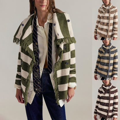 Dames gestreepte losse vest franjes en knoopsluiting