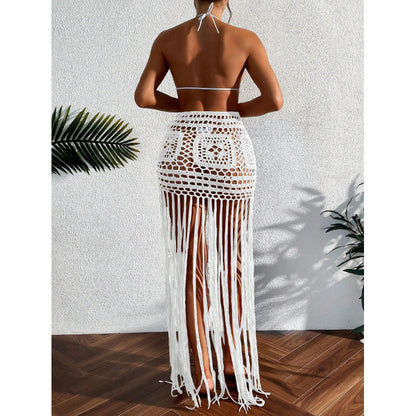 Hand-Crocheted Hollow-Out Beach Cover-Up Skirt with Tassels