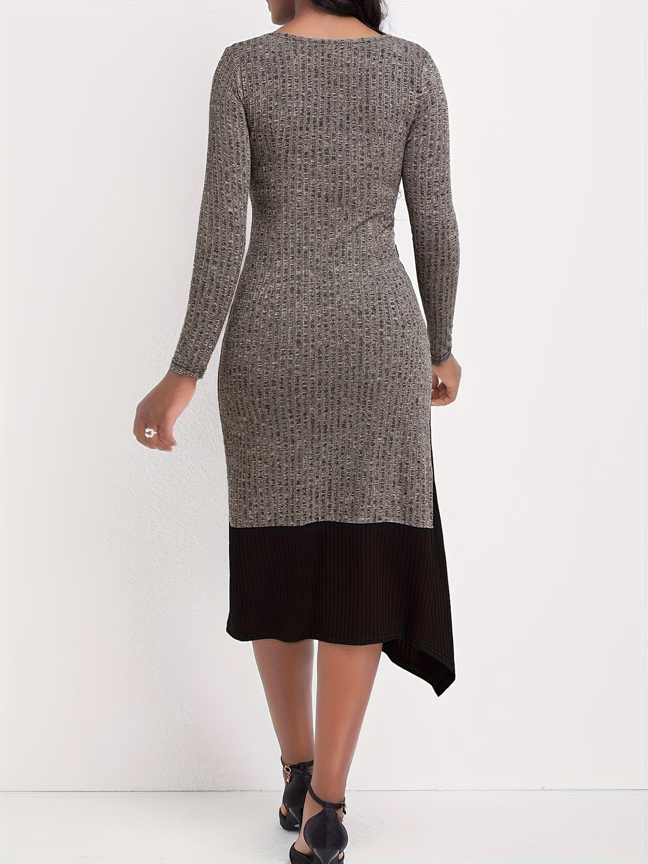 Long Sleeve Ribbed Knit Dress with Asymmetrical Neckline