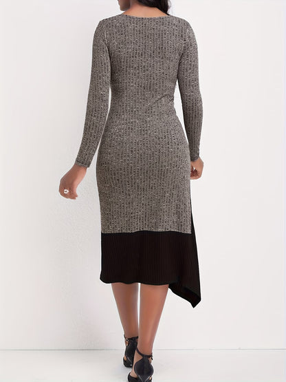 Long Sleeve Ribbed Knit Dress with Asymmetrical Neckline