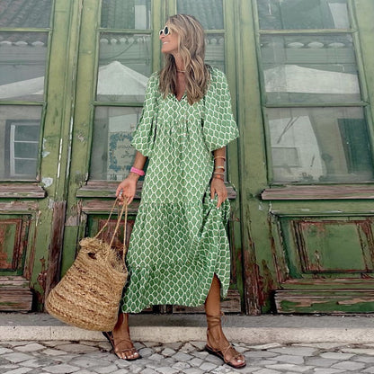 Geometric Print Puff Sleeve V-Neck Long Dress