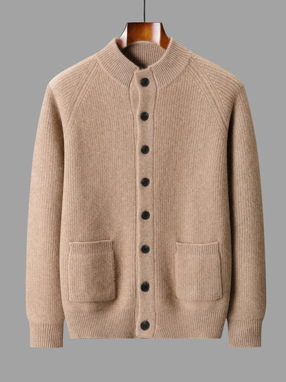 Men's Pure Cashmere V-Neck Cardigan Sweater Solid Color Long Sleeve Buttoned Knitwear