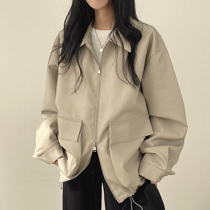 Chic Lapel Double Pocket Leather Jacket