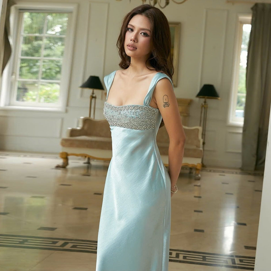 Elegant Rhinestone Backless Long Dress