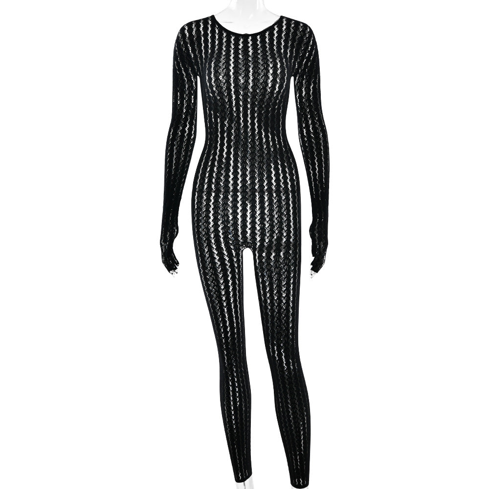 Sexy Striped Jacquard Jumpsuit with Half-Finger Gloves One-piece suit