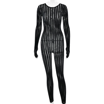 Sexy Striped Jacquard Jumpsuit with Half-Finger Gloves One-piece suit