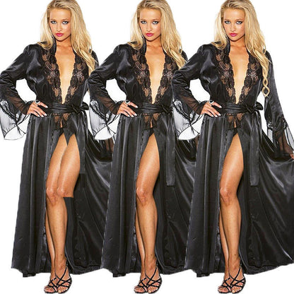 Womens Lace See Through Lingerie Mesh Robe Set