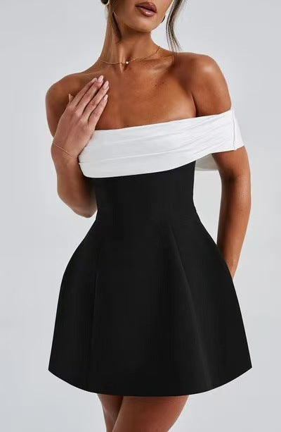 Women's One-Shoulder Sleeveless Mini Dress with Belted Bow, A-Line Color-Block Dress