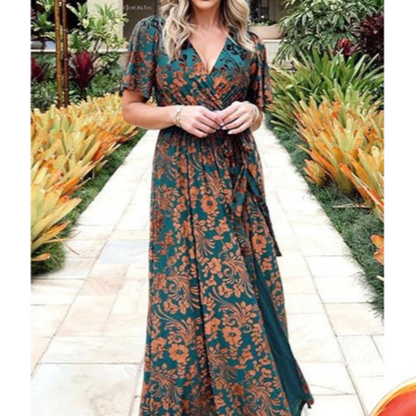 Elegant V-Neck Long Dress Slit High-Waist