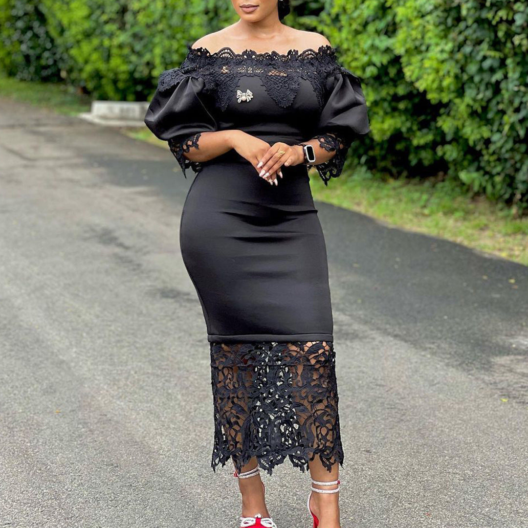 Elegant Lace-Panelled Boat-Neck Dress