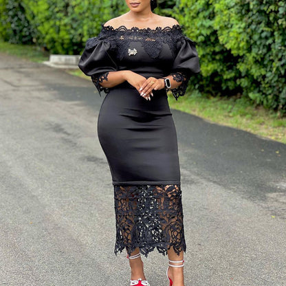 Elegant Lace-Panelled Boat-Neck Dress