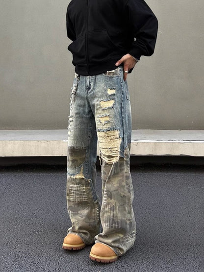 Vintage Camouflage Stitching Ripped Heavy Jeans