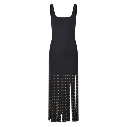 Elegant Black Knitted Tank Dress with Beaded Details