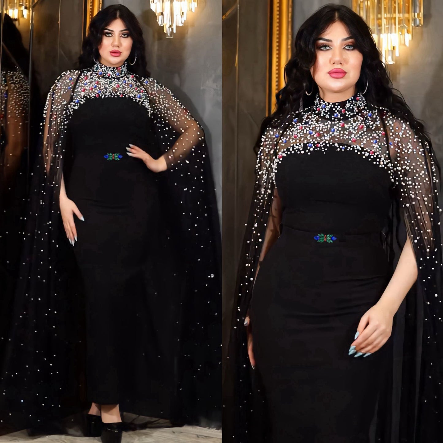 Luxe elegante Dubai damesjurk met mesh en versieringen