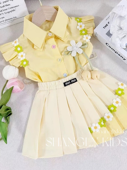 Girls Preppy Floral Pleated Outfit