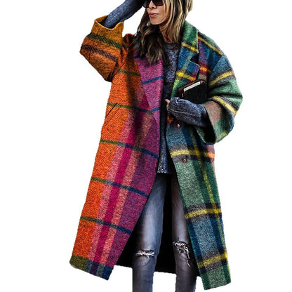 Women's multi-color checked long-sleeved button-up coat