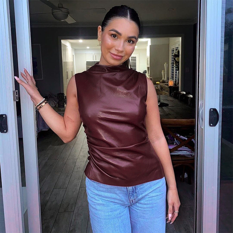 Women's Sleeveless PU Leather Vest Stand Collar Waist-Cinching Irregular Hem Top