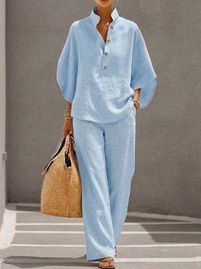 Womens Cotton Linen Shirt Set Casual Long Sleeve