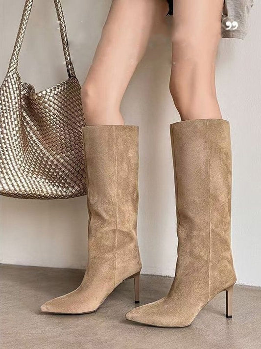 Pointed-toe, stiletto-heeled, suede straight-leg boots