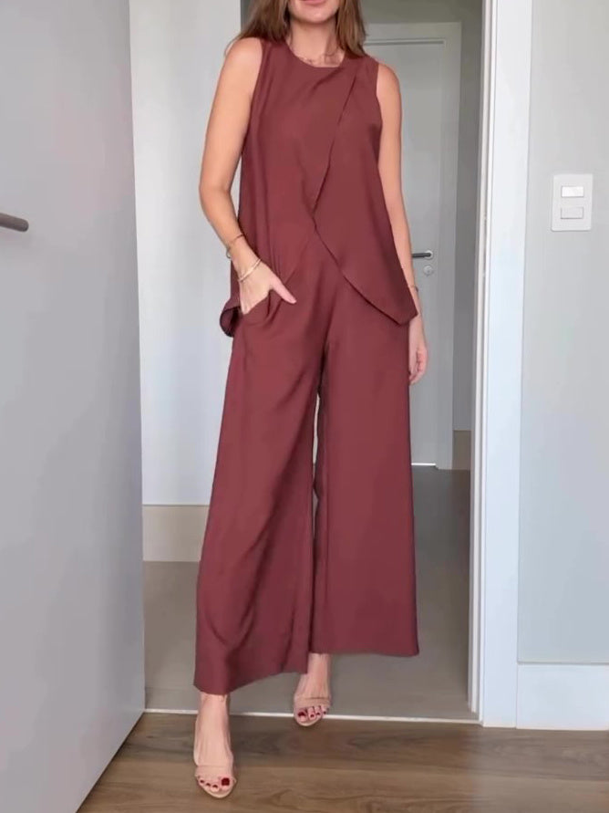 Bruine mouwloze top met hoge taille en wijde pijpen set