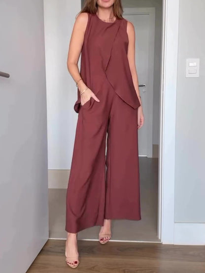 Bruine mouwloze top met hoge taille en wijde pijpen set