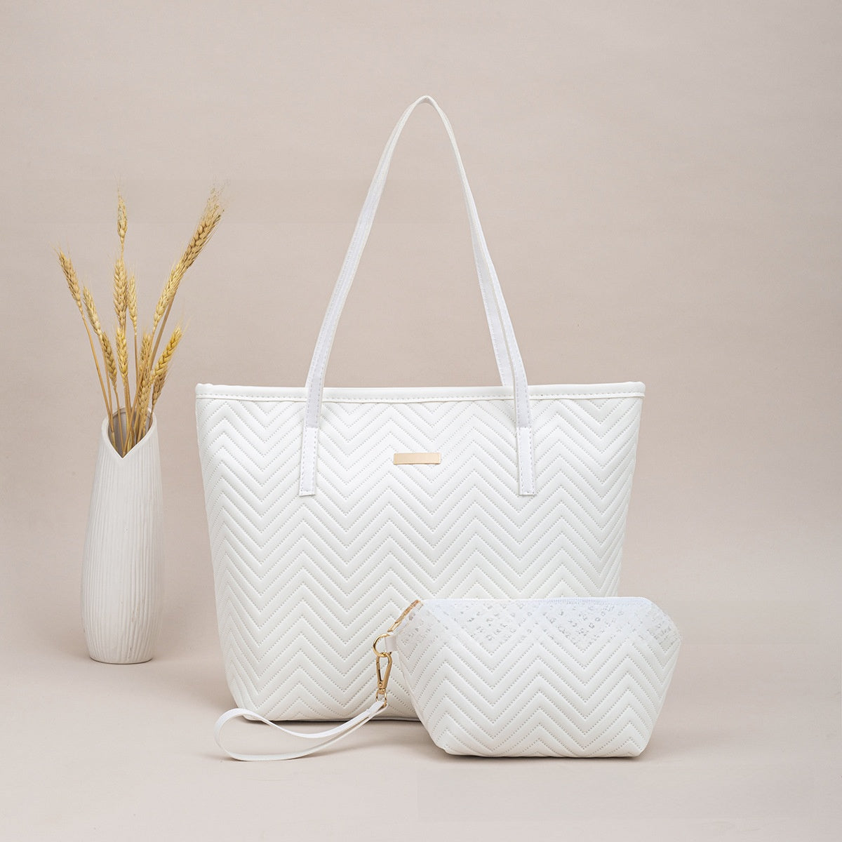 PU Embroidery Shoulder Tote Bag Set