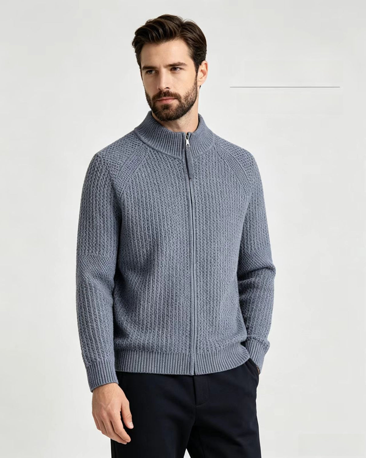 Mens Stand Collar Zip Up Knit Cardigan