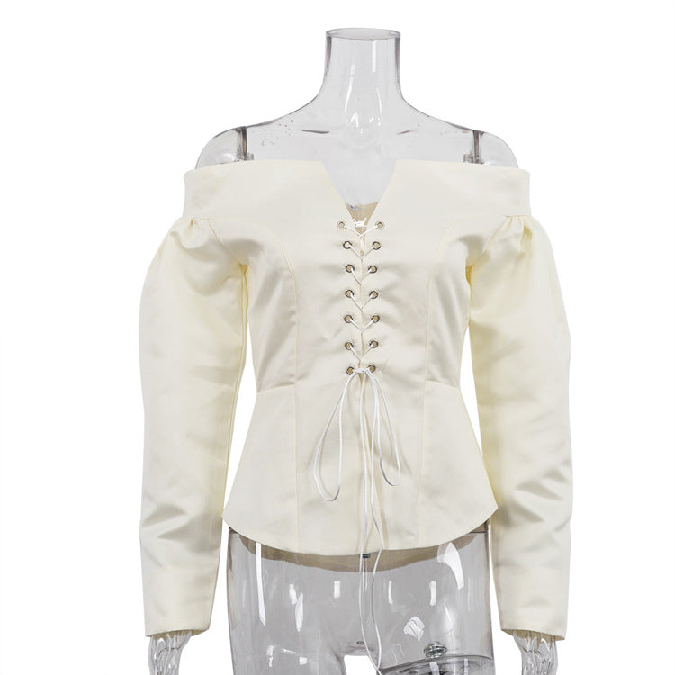 One-Shoulder Lace-Up Long Sleeve Top