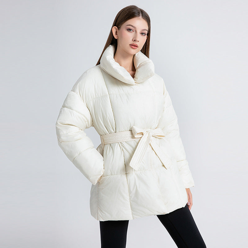 Mid-length womens winter coat with belt